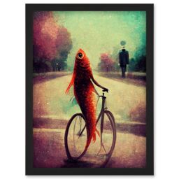 Artery8 Koi Fish With Bicycle Surrealism Purple Teal Park Dream Artwork Framed Wall Art Print A4 in Black - thumbnail 1