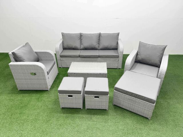 Fimous PE Rattan Garden Furniture Set Reclining Chair Sofa Lounge Sofa Set Oblong Coffee Table 3 Stools Light Grey - image 1
