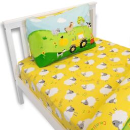 Happy Linen Company Kids Farm Animals Counting Sheep Fitted Sheet in Yellow - Size: Double Fitted