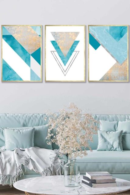 ARTZE Set of 3 Gold Framed Aqua Blue Abstract Mid Century Geometric Wall Art - Size: W33 cm x H45 cm x D20mm - image 1