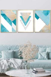 ARTZE Set of 3 Gold Framed Aqua Blue Abstract Mid Century Geometric Wall Art - Size: W33 cm x H45 cm x D20mm