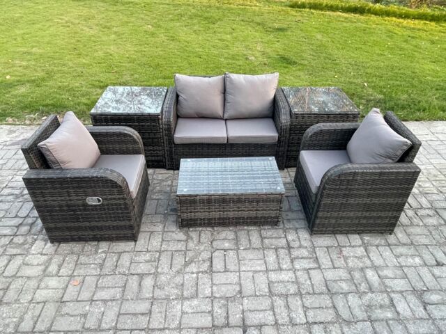 Fimous 6 PC Outdoor PE Rattan Garden Furniture Set Wicker Love Sofa Coffee Table 2 Armchair 2 Side Tables Dark Grey Mixed - image 1
