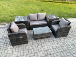 Fimous 6 PC Outdoor PE Rattan Garden Furniture Set Wicker Love Sofa Coffee Table 2 Armchair 2 Side Tables Dark Grey Mixed - thumbnail 2