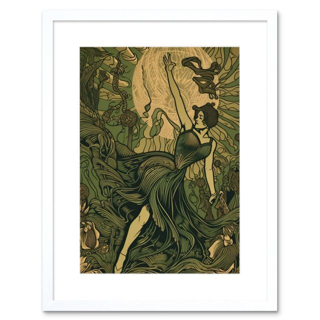 "Artery8 Wall Art Print Boho Ballerina Dancing with the Forest Moon Artwork Framed 9X7 Inch in White - Size: W7"" x H9""" - image 1