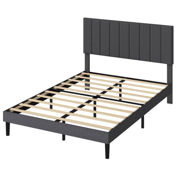 Levede Bed Frame Upholstered Foam Headboard Soft Linen Fabric Wooden Slat in Grey - Size: Double - image 1