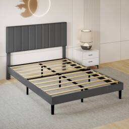 Levede Bed Frame Upholstered Foam Headboard Soft Linen Fabric Wooden Slat in Grey - Size: Double - thumbnail 2