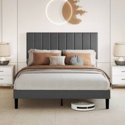 Levede Bed Frame Upholstered Foam Headboard Soft Linen Fabric Wooden Slat in Grey - Size: Double - thumbnail 3