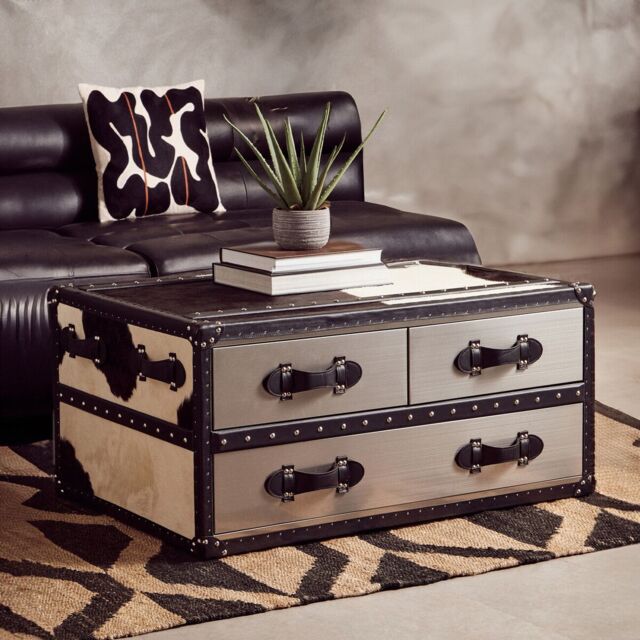 Orsina Black & White Genuine Cowhide Coffee Table, Rectangular Table With Three Drawers, Table With Leather Handles - image 1