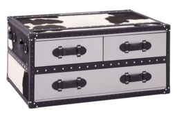 Orsina Black & White Genuine Cowhide Coffee Table, Rectangular Table With Three Drawers, Table With Leather Handles - thumbnail 2