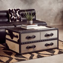 Orsina Black & White Genuine Cowhide Coffee Table, Rectangular Table With Three Drawers, Table With Leather Handles - thumbnail 1