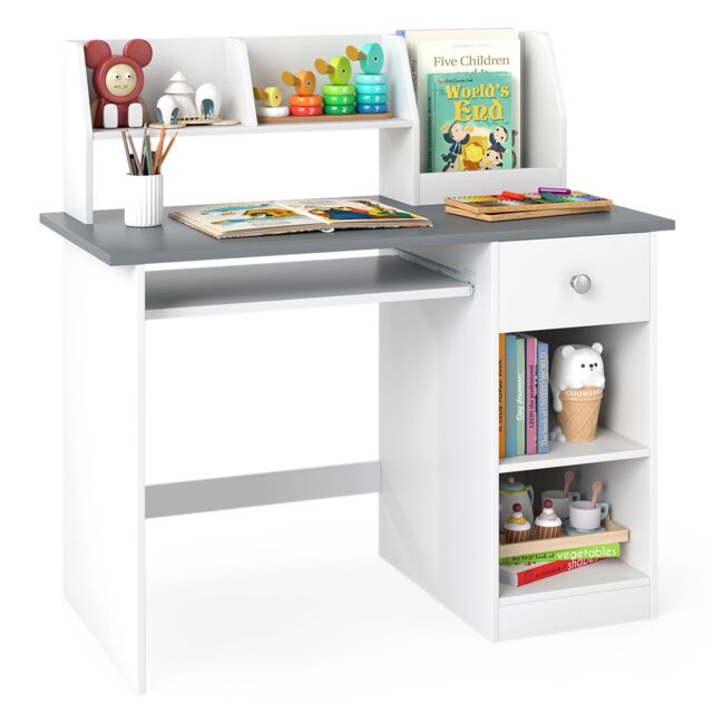 Gymax Study Desk Wooden Writing Table With Keyboard Tray & Drawer in Grey - image 1
