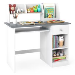Gymax Study Desk Wooden Writing Table With Keyboard Tray & Drawer in Grey