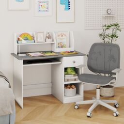Gymax Study Desk Wooden Writing Table With Keyboard Tray & Drawer in Grey - thumbnail 5