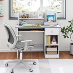 Gymax Study Desk Wooden Writing Table With Keyboard Tray & Drawer in Grey - thumbnail 4