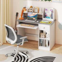 Gymax Study Desk Wooden Writing Table With Keyboard Tray & Drawer in Grey - thumbnail 3