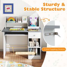 Gymax Study Desk Wooden Writing Table With Keyboard Tray & Drawer in Grey - thumbnail 9