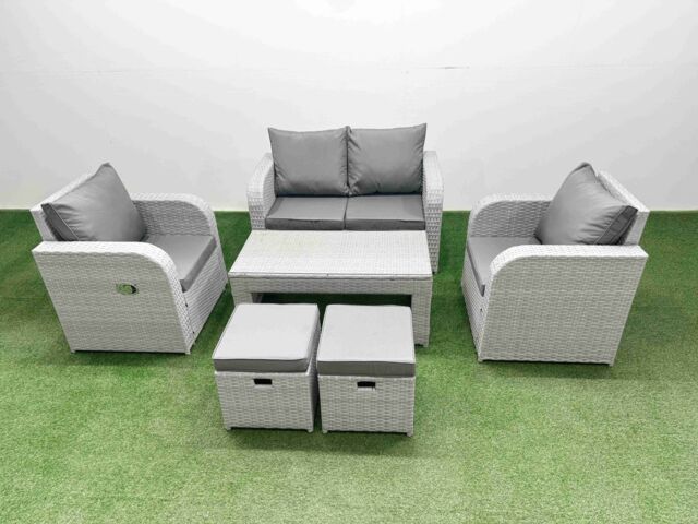 Fimous Light Grey PE Wicker Rattan Garden Furniture Set Sofa Set Reclining Adjustable Chair Oblong Coffee Table 6 Seater 2 Small Stools - image 1