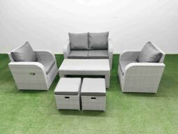 Fimous Light Grey PE Wicker Rattan Garden Furniture Set Sofa Set Reclining Adjustable Chair Oblong Coffee Table 6 Seater 2 Small Stools - thumbnail 2