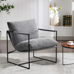 MCC Direct Boucle Fabric Lounge Chair with Metal Frame Upholstered Accent chair in Grey - thumbnail 1