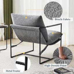 MCC Direct Boucle Fabric Lounge Chair with Metal Frame Upholstered Accent chair in Grey - thumbnail 2