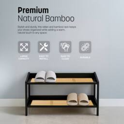 Keplin 2 Tier Bamboo & Rattan Shoe Organiser Rack - Durable, Easy Assembly in Black - thumbnail 8