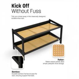 Keplin 2 Tier Bamboo & Rattan Shoe Organiser Rack - Durable, Easy Assembly in Black - thumbnail 6