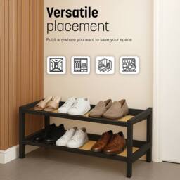 Keplin 2 Tier Bamboo & Rattan Shoe Organiser Rack - Durable, Easy Assembly in Black - thumbnail 7