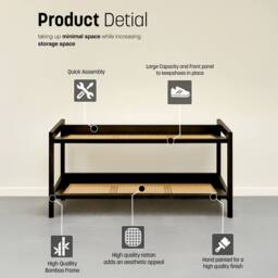 Keplin 2 Tier Bamboo & Rattan Shoe Organiser Rack - Durable, Easy Assembly in Black - thumbnail 5