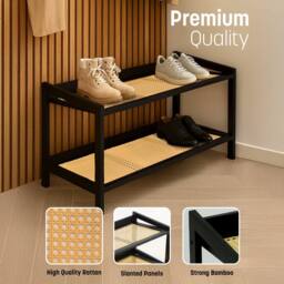 Keplin 2 Tier Bamboo & Rattan Shoe Organiser Rack - Durable, Easy Assembly in Black - thumbnail 4