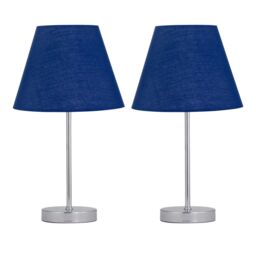 First Choice Lighting Set of 2 Chrome Touch Operated Table Lamps with Navy Blue Shades in Silver