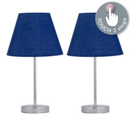 First Choice Lighting Set of 2 Chrome Touch Operated Table Lamps with Navy Blue Shades in Silver - thumbnail 2