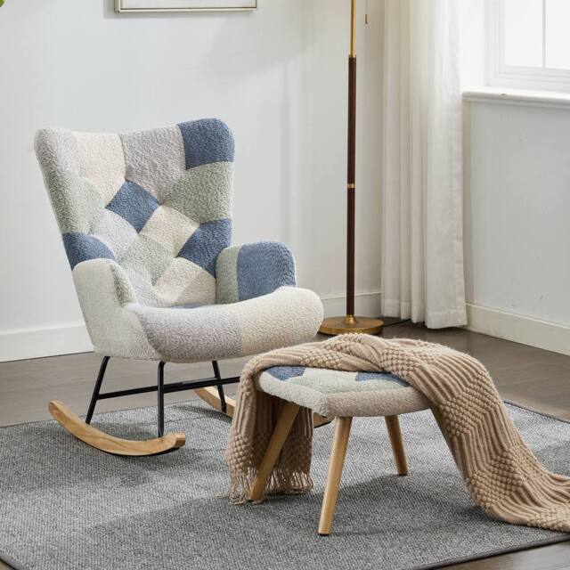 Rolipo Multicoloured Teddy Rocking Chair with Footstool & Solid Wood Legs - image 1