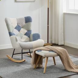 Rolipo Multicoloured Teddy Rocking Chair with Footstool & Solid Wood Legs - thumbnail 1