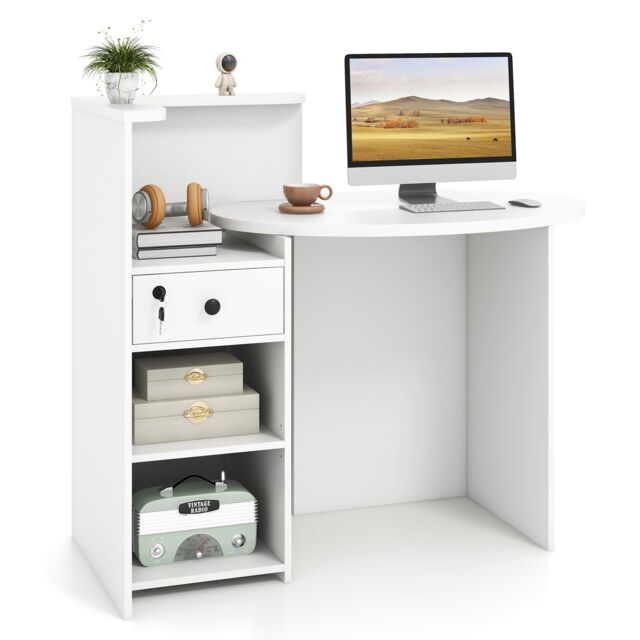 Costway Corner Front Reception Counter Desk with Lockable Drawer in White - image 1