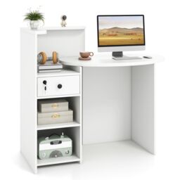 Costway Corner Front Reception Counter Desk with Lockable Drawer in White - thumbnail 1