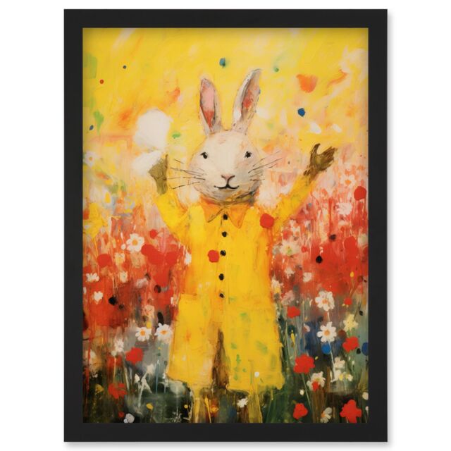 Artery8 Wall Art Print Rabbit in a Yellow Rain Mac Oil Painting Bright Floral Meadow Kids Bedroom Nursery Artwork Framed A4 in Black - image 1