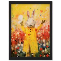 Artery8 Wall Art Print Rabbit in a Yellow Rain Mac Oil Painting Bright Floral Meadow Kids Bedroom Nursery Artwork Framed A4 in Black - thumbnail 1