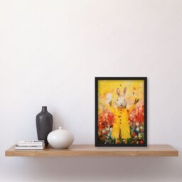 Artery8 Wall Art Print Rabbit in a Yellow Rain Mac Oil Painting Bright Floral Meadow Kids Bedroom Nursery Artwork Framed A4 in Black - thumbnail 2
