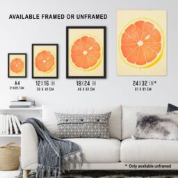 Artery8 Wall Art Print Juicy Sliced Orange Bright Fruit Citrus Minimalist Kitchen Artwork Framed in Yellow - Size: A4 - thumbnail 3