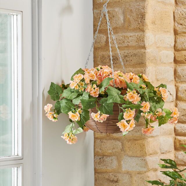 mysmartbuy Artificial Begonia Flower Regal Hanging Basket with Metal Chain in Orange
