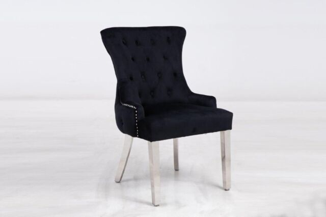 Modernique A Pair (x2) Velvet Solid Back Dining Chairs with Chrome Knocker & Legs in Black - image 1