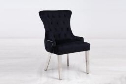 Modernique A Pair (x2) Velvet Solid Back Dining Chairs with Chrome Knocker & Legs in Black