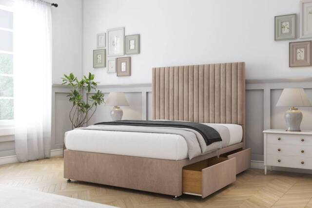 "Comfort Beds Denver Naples Divan Base 2 Drawers - 26"" Headboard in Light Brown - Size: Double" - image 1