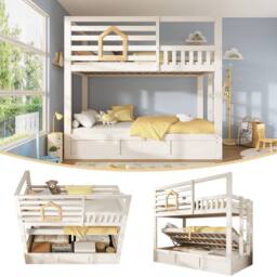 BTM Kids Cabin Bunk Bed Ladder Hydraulic Storage House Bed White Wood - Size: Single