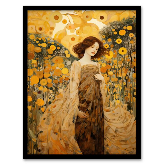 Artery8 Walk On The Wildflower By Mia Rose Modern Klimt Style Painting Artwork Framed Wall Art Print A4 in Black - image 1
