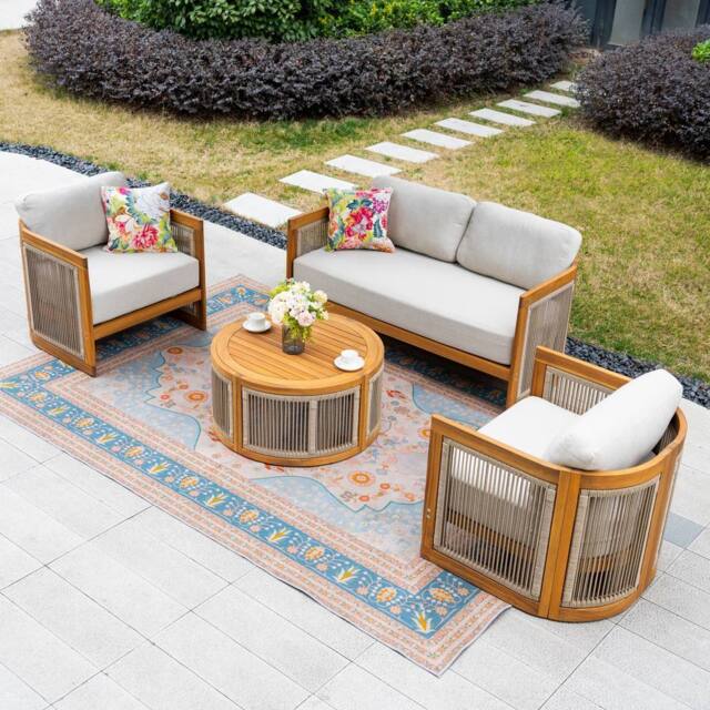 MIMO Outdoor Rope Solid Wood Loveseat Sofa Set with Round Coffee Table in Natural - Size: 4 Person - image 1