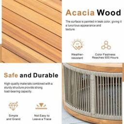 MIMO Outdoor Rope Solid Wood Loveseat Sofa Set with Round Coffee Table in Natural - Size: 4 Person - thumbnail 3