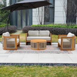 MIMO Outdoor Rope Solid Wood Loveseat Sofa Set with Round Coffee Table in Natural - Size: 4 Person - thumbnail 8