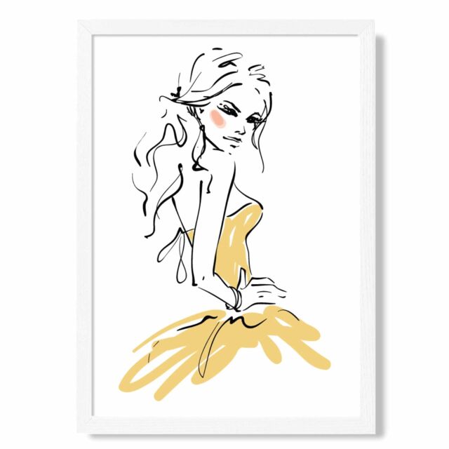 ARTZE Fashion Woman Pen & Ink Sketch Framed Print SIZE: A4 with White Frame in Yellow - image 1
