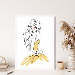 ARTZE Fashion Woman Pen & Ink Sketch Framed Print SIZE: A4 with White Frame in Yellow - thumbnail 2